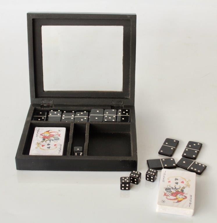 Black Double Cards & Dominoes Game Box With Glass Lid